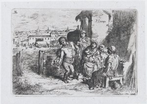 Levy 16: ryhmä ihmisiä ulkona, mukaan lukien mies, joka kaataa viiniä tai vettä astiasta ..., 1850.