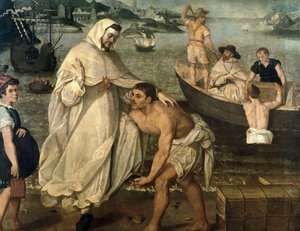 Pyhä Pietari Nolasque (1189-1256) lähtee vapauttamaan maurilaisten merirosvojen panttivankeina pitämiä kristittyjä vankeja myydäkseen orjiksi Afrikassa (maalaus)