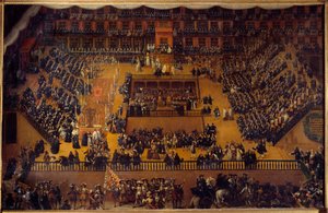 Inkvisition hinnat: "" Autodafe Madridin Plaza Mayorilla Kaarle II:n (Carlos II) läsnäollessa