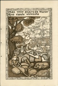 Kuva Francisco Sancha Lengosta (1874-1936) - Flying Leaf, n. 1915 - Arvokkaampi lintu kädessä kuin sata lentävää - Sota 14-18, Saksa, Preussi, Sotamiehet ja symbolit, Voitto, Rauha, Espanjan kieli, Ulkomainen lehdistö tekijältä Francisco Sancha y Lengo