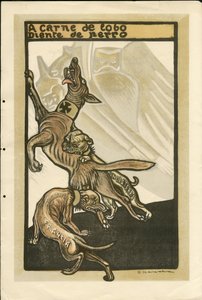 Kuva Francisco Sancha Lengosta (1874-1936) - Lentävä lehti, noin 1915 - A carne de lobo diente de perro - Sota 14-18, Saksa Preussi, Englanti Iso-Britannia, Sotamiehet ja symbolit, Ranska, espanjan kieli, ulkomainen lehdistö - William II, Koira, Hid