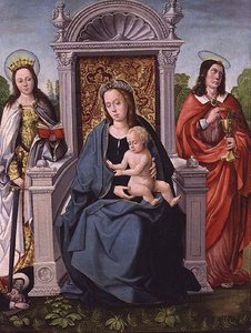 Madonna ja lapsi Pyhän Katariinan ja Pyhän Johannes evankelistan kanssa, n. 1530-1540 (paneeli) tekijältä Francisco de (attr. to) Comontes