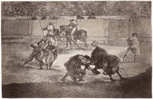 Härkätaistelu: härkätaistelija tulee areenalle tappamaan härän hatulla muletin sijaan tekijältä Francisco de Goya