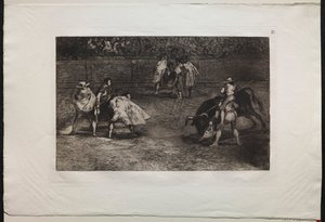 Härkätaistelut: Härkätaistelija assistentin harteille, keihäs härkä tekijältä Francisco de Goya