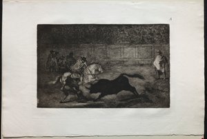 Härkätaistelut: Espanjalainen ratsu ritari murtaa lyhyitä keihäitä avustajien avulla, 1876. tekijältä Francisco de Goya