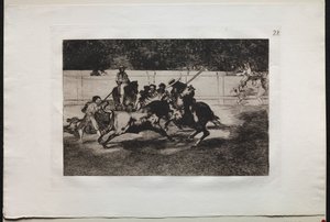 Härkätaistelut: Voimakas Rendon puukottaa härän Piquen kanssa, josta hän kuoli kehässä Madridissa tekijältä Francisco de Goya