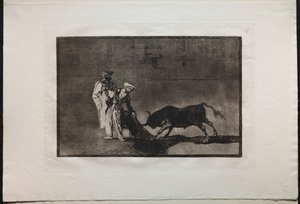 Härkätaistelut: maurit pelaavat eri tavalla kehässä kutsuen härkää palavien kanssa tekijältä Francisco de Goya