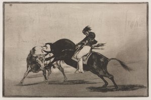 Härkätaistelut: Sama Ceballos asennettuna toiseen härkään rikkoo lyhyitä keihää kehässä, 1876. tekijältä Francisco de Goya