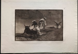 Härkätaistelut: He pelaavat toista niemen kanssa aitauksessa tekijältä Francisco de Goya