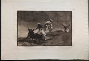 Härkätaistelut: He pelaavat toista niemen kanssa aitauksessa, 1876. tekijältä Francisco de Goya