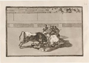 Picador putoaa hevosestaan ​​härän alle (Picador on hevoston ja putoaa härän alle) tekijältä Francisco de Goya