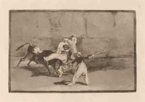Moorin vangittama ollessaan aukiolla (Mauri, jonka härkä vangitsee kehässä) tekijältä Francisco de Goya