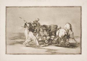 Espanjaan asettuneet maurit, jotka hylkäsivät Koraanin taikauskon, omaksuivat tämän metsästyksen ja härän lyömisen taidon tasangolla. tekijältä Francisco de Goya