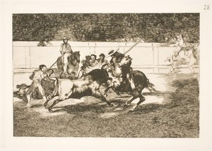 Voimakas Rendon keihäät härän, syöksyn, joka aiheutti hänen kuolemansa Madridin areenalla tekijältä Francisco de Goya