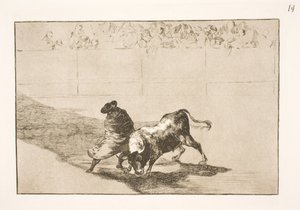 Falcesin erittäin lahjakas oppilas viittaansa puettuna huijaa härkää kehonsa liikkeillä tekijältä Francisco de Goya