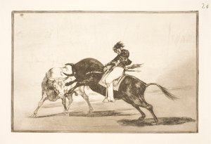 Sama Ceballos, joka istuu toisen härän selässä, murtaa lyhyitä keihäitä Madridin areenalla tekijältä Francisco de Goya