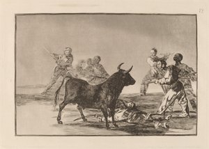 Rabble Hamstring härän keihään, sirppien, banderillojen ja muiden aseiden kanssa tekijältä Francisco de Goya