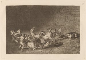 Kaksi Picador-joukkuetta, jotka yksi härkä heittää peräkkäin tekijältä Francisco de Goya