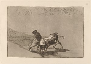 Erittäin taitava valheen oppija viittaansa käärittynä huijaa härkää ruumiillaan leikkimällä tekijältä Francisco de Goya
