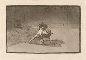 Kuuluisa Martincho laittaa banderillat al quiebro (kuuluisa Martincho asettaa banderillat leikkimään härkää kehonsa liikkeellä) tekijältä Francisco de Goya