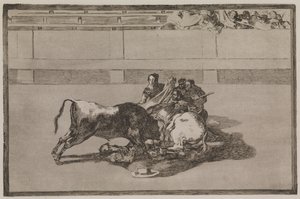 Picador sinkoutuu hevosesta ja törmää härän alle tekijältä Francisco de Goya