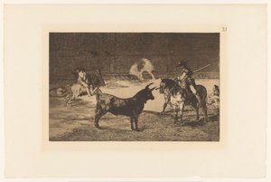 Fernando del Toro daagt een stier uit Kuuluisa Fernando del Toro, barilarguero, pakottaa pedon sauvallaan Stierengevechten (sarjan nimi) La Taureamachie (sarjan nimi) Härkätaistelut (sarjan nimi) tekijältä Francisco de Goya