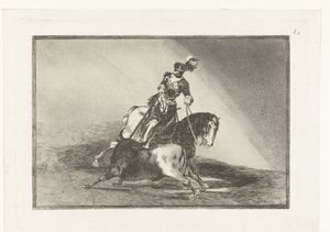 Keisari Kaarle V taistelee härkää vastaan Carlos V. lanceando un toro en la plaza de Valladolid Härkätaistelut (sarjan nimi) La Tauromaquia (sarjan nimi) tekijältä Francisco de Goya