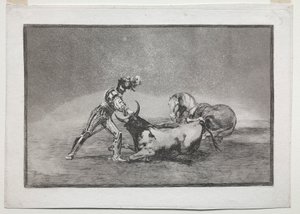 La Tauramaquia: Espanjalainen ritari tappaa härän menetettyään hevosensa, 1815-1816. tekijältä Francisco de Goya