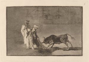 Los Moros hacen otro capeo en plaza con su albornoz (maurit leikkivät eri tavalla kehässä ja kutsuvat härkää palavillaan) tekijältä Francisco de Goya