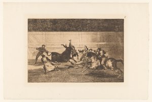 Mies pantiin härän sarveen Mort de Pepe Illo Härkätaistelut (sarjan nimi) La Taureaumachie (sarjan nimi) La Tauromaquia (sarjan nimi) tekijältä Francisco de Goya
