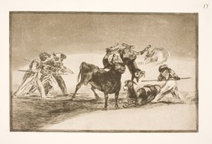 Maurit käyttävät aaseja esteenä puolustaakseen itseään härkää vastaan, jonka sarvet on varustettu luoteilla tekijältä Francisco de Goya