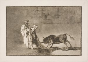 Areenalla olevat maurit tekevät kaikkensa houkutellakseen härän burnuksensa avulla tekijältä Francisco de Goya