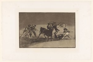 Maurit ja aasit taistelevat härän kanssa Palenque de los Moros hecho con burros para defendere del toro embolado Härkätaistelut (sarjan nimi) La Taureaumachie (sarjan nimi) La Tauromaquia (sarjan nimi) tekijältä Francisco de Goya