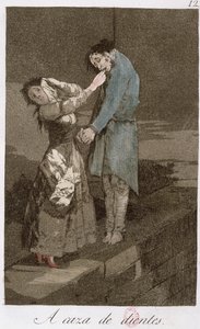 Hampaiden metsästys, "Los caprichos" -levy 12, 1700-luvun loppu (värillinen etsaus) (katso myös 81631) tekijältä Francisco de Goya