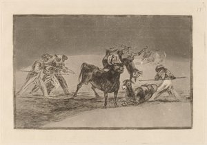 Palenque de los moros hecho con burros para defendere del toro embolado (maurit käyttävät aaseja esteenä puolustaakseen itseään härkää vastaan, jonka sarviin on tippunut palloja) tekijältä Francisco de Goya