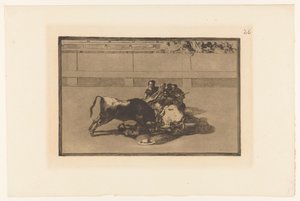 Picador putosi hevosestaan Caida de un picador de su caballo debajo del toro Härkätaistelut (sarjan nimi) La Taureaumachie (sarjan nimi) La Tauromaquia (sarjan nimi) tekijältä Francisco de Goya