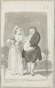 Prostituoitu pyytää lihavaa, ruma mies, nuori nainen vääntelemässä käsiään...verso, 1796-97. tekijältä Francisco de Goya