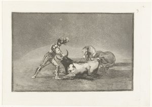 Spanse rider doody stierillä Espanjalainen ritari tappaa härän menetettyään hevosensa Stierenvechten (sarjan nimi) Härkätaistelut (sarjan nimi) tekijältä Francisco de Goya