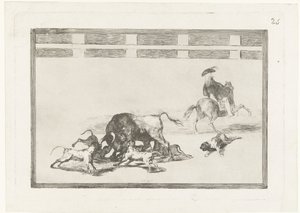Koirien hyökkäämä härkä Echan perros al toro La Tauromaquia (sarjan nimi) Härkätaistelut (sarjan nimi) tekijältä Francisco de Goya