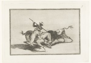 Stierenjacht te paard Henkinen Moro Gazul on ensimmäinen, joka keihäs sonnit järjestyksessä Härkätaistelut (sarjan nimi) Stierenvechten (sarjan nimi) tekijältä Francisco de Goya