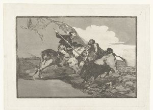 Stierenjacht et paard Manera can que els antics Espanyols caçaven els toros á cavall al camp Stierenvechten (sèries title) La Tauromàquia (sèries title)finnish tekijältä Francisco de Goya