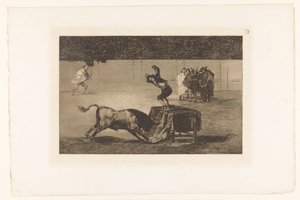 Härkätaistelija seisoo pöydällä areenalla Otra locura suya ja la misma plaza Härkätaistelut (sarjan nimi) La Taureaumachie (sarjan nimi) La Tauromaquia (sarjan nimi) tekijältä Francisco de Goya