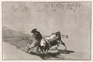 Taitava valheiden oppilas raivostuttaa härän liikkumalla viittaansa käärittynä, 1814-16 tekijältä Francisco de Goya