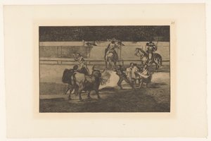 Bullfighter tapasi brandende banderillas tulinauhat Stierengevecht (sarjan nimi) La Taureamachie (sarjan nimi) Härkätaistelut (sarjan nimi) tekijältä Francisco de Goya