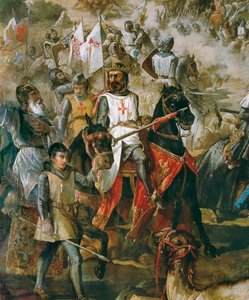 Espanjan valloitus: Las Navas de Tolosan taistelu 16.7.1212 kristillisen armeijan ja maurien armeijan välillä. Yksityiskohta kuningas Alfonso VIII:sta. Francisco de Paula Van Halenin (1810-1887) maalaus. 1864. Madrid. Senaatin palatsi. tekijältä Francisco de Paula van Halen