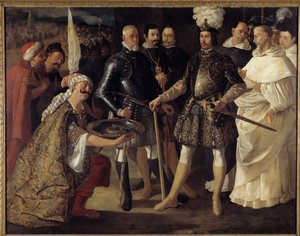 Reconquista: "" Sevillan antautuminen Ferdinand III:lle Kastilian ja Leonin kuninkaalle"" maurit luovuttivat kaupungin avaimet Kastilian kuninkaalle 22.12.1248. Francisco de Zurbaranin (1598-1664) maalaus 1634.su. 157,5x208,2 cm Yksityinen keräys