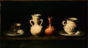 Asetelma Kannut, kattilat. Francisco de Zurbaranin (1598-1664) maalaus 1633 su. 46x84 cm Madrid, Prado-museo tekijältä Francisco de Zurbaran