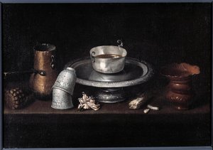 Asetelma suklaa-aamiainen suklaakuppia, kuppeja. Francisco de Zurbaranin (1598-1664) maalaus. 1600-luvun Besancon, Kuvataidemuseo tekijältä Francisco de Zurbaran