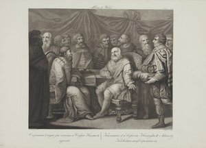 Smuglewicz, Franciszek (1745-1807) Casimir I, Restaurator tapaamassa keisari Henrik III:n. Litografia, 1700-luvun loppu. Yksityinen kokoelma