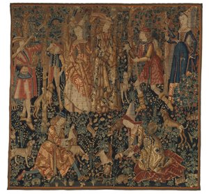 Fasaaninmetsästystä kuvaava kuvakudos, mahdollisesti Tournaista, n. 1480 (villa ja silkki)